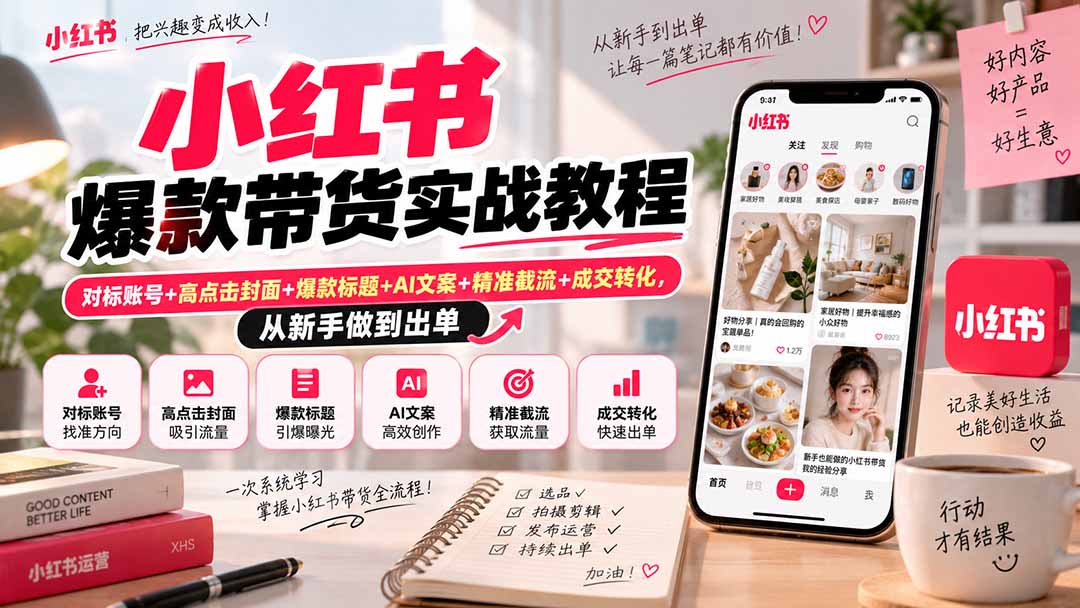 （20473期）小红书爆款带货实战教程｜对标账号+高点击封面+爆款标题+AI文案+精准截流+成交转化，从新手做到出单-小二项目网