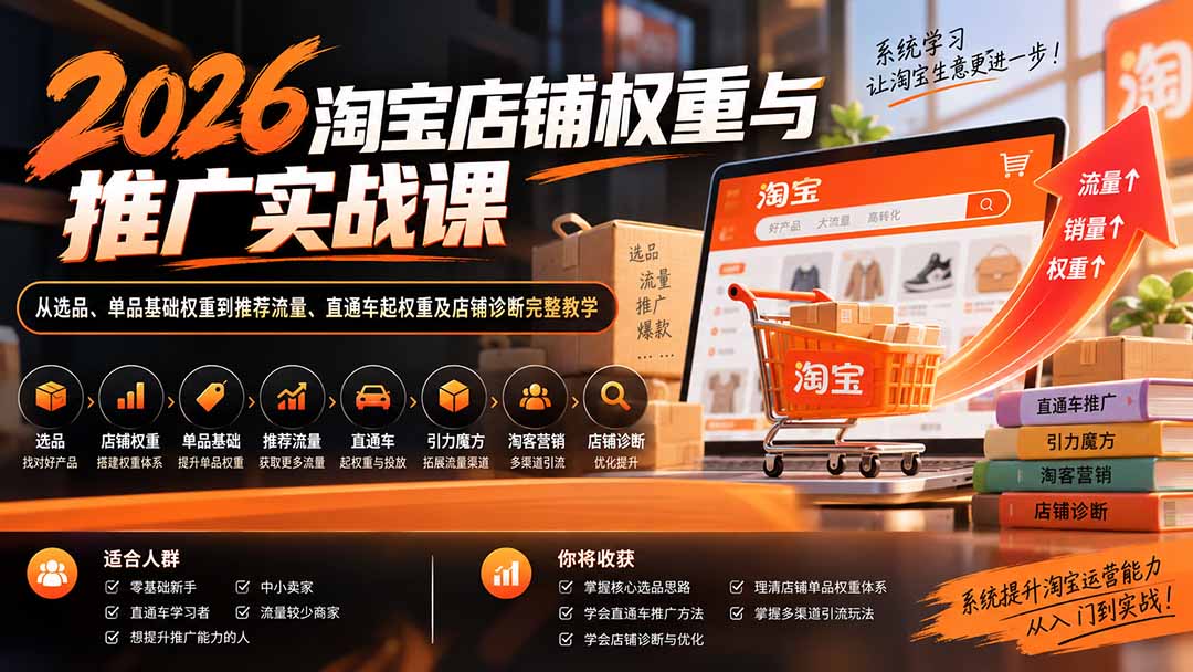 （20411期）2026淘宝店铺权重与推广实战课：从选品、单品基础权重到推荐流量、直通车起权重及店铺诊断完整教学-小二项目网