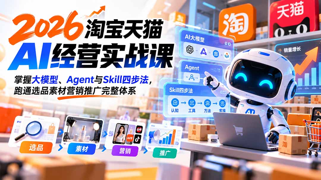 （20676期）【无水印】2026淘宝天猫AI经营实战课：掌握大模型、Agent与Skill四步法，跑通选品素材营销推广完整体系-小二项目网