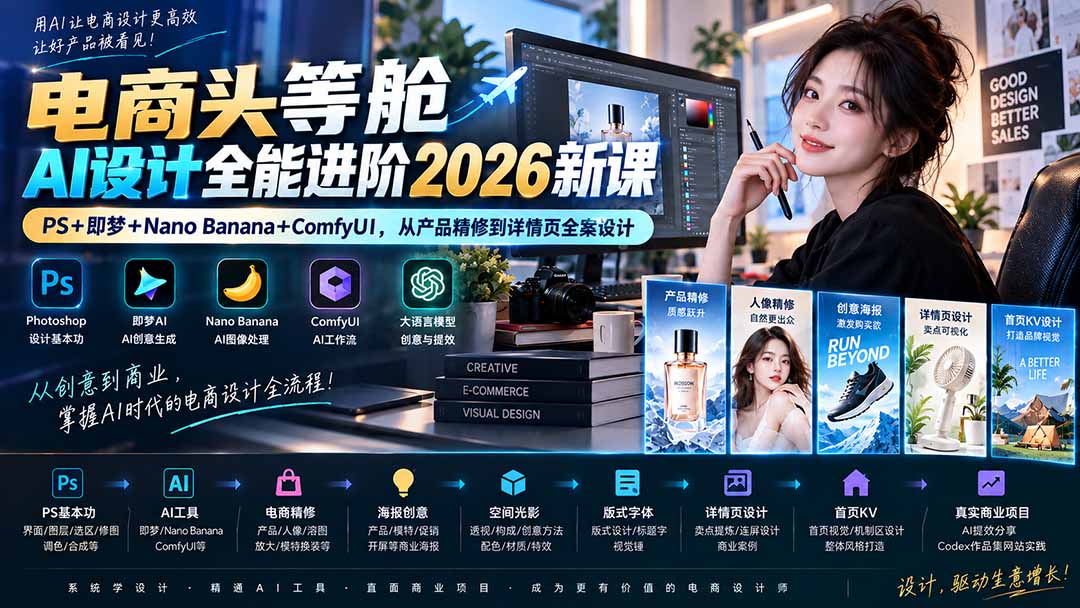 （20284期）电商头等舱AI设计全能进阶2026新课：PS+即梦+Nano Banana+ComfyUI，从产品精修到详情页全案设计-小二项目网