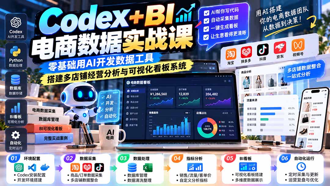 （20665期）Codex+BI电商数据实战课：零基础用AI开发数据工具，搭建多店铺经营分析与可视化看板系统-小二项目网