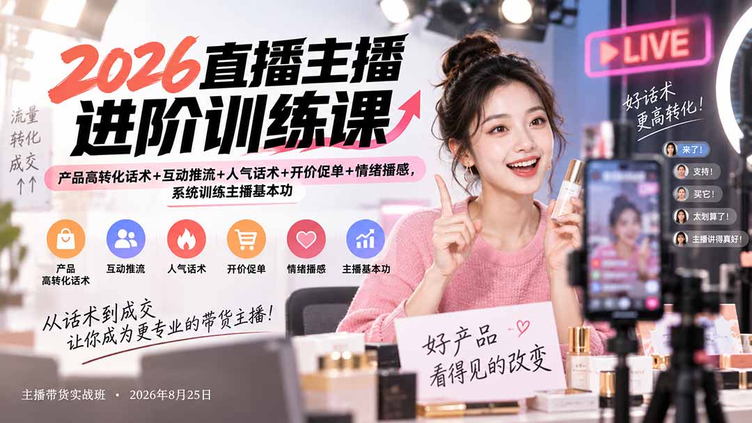 （20408期）2026直播主播进阶训练课：产品高转化话术+互动推流+人气话术+开价促单+情绪播感，系统训练主播基本功-小二项目网