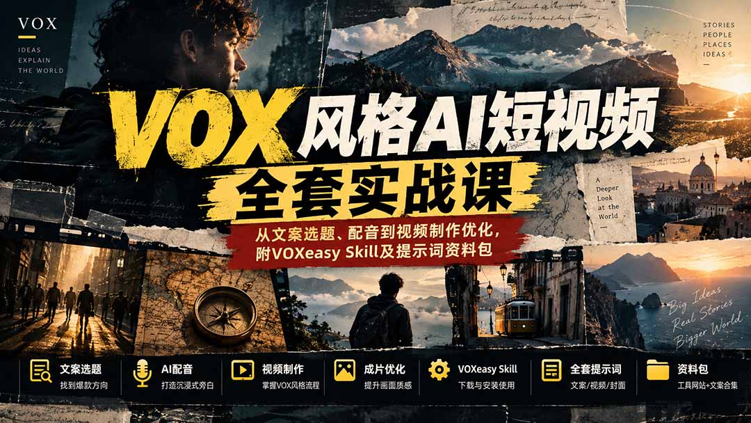 （20677期）【无水印】VOX风格AI短视频全套实战课：从文案选题、配音到视频制作优化，附VOXeasy Skill及提示词资料包-小二项目网