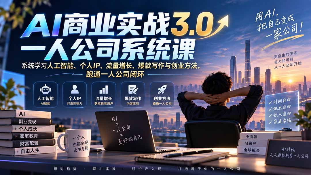 （20249期）AI商业实战3.0一人公司系统课：系统学习人工智能、个人IP、流量增长、爆款写作与创业方法，跑通一人公司闭环-小二项目网