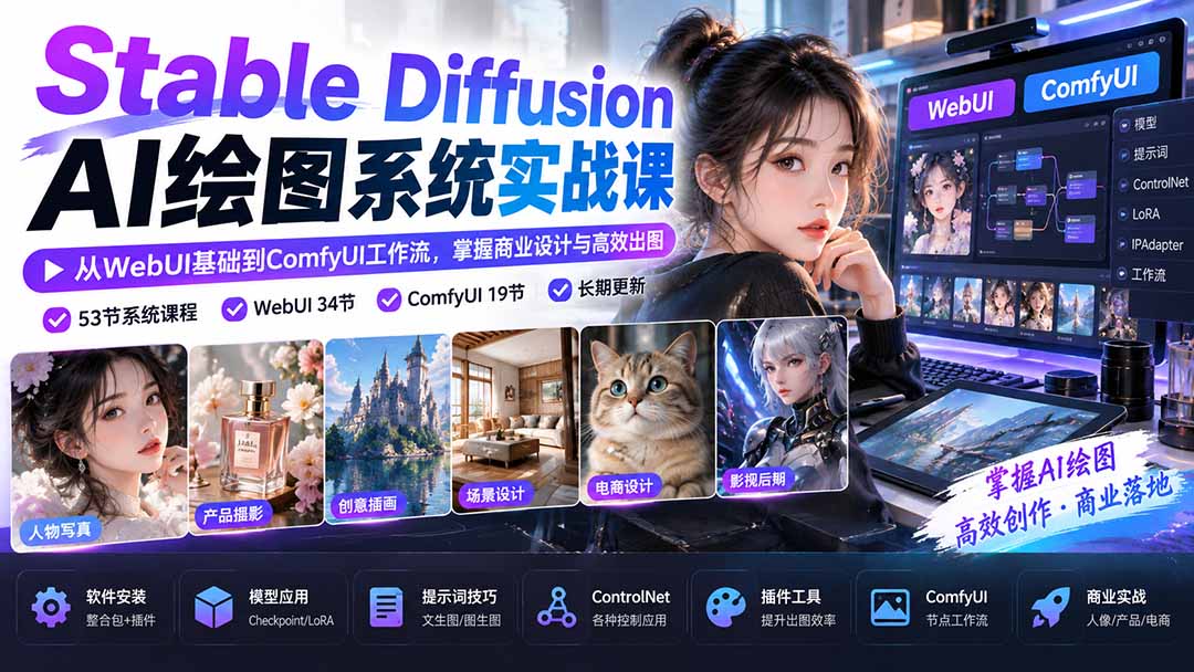 （20678期）Stable Diffusion AI绘图系统实战课：从WebUI基础到ComfyUI工作流，掌握商业设计与高效出图-小二项目网