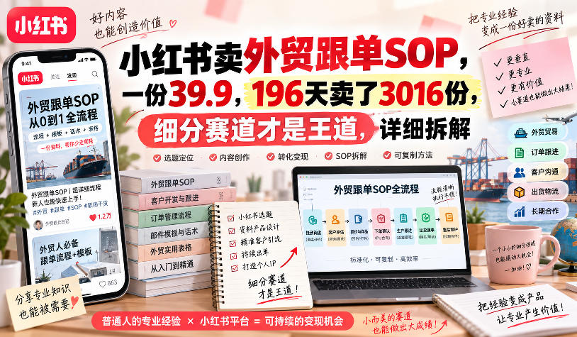 小红书卖外贸跟单sop，一份39.9，196天卖了3016份，细分赛道才是王道，详细拆解-小二项目网