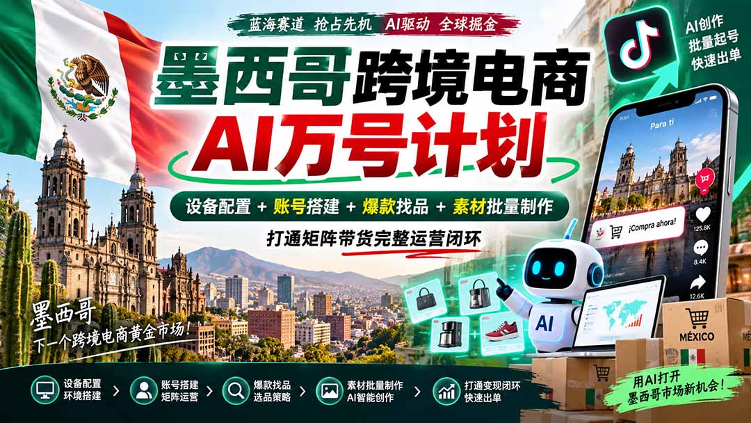 （20500期）墨西哥AI跨境电商万号计划｜设备配置+账号搭建+爆款找品+素材批量制作，打通矩阵带货完整运营闭环-小二项目网