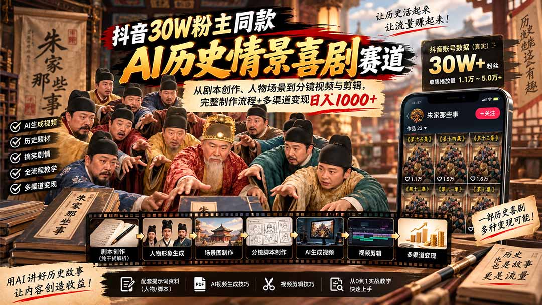 （20613期）抖音30W粉博主同款AI历史情景喜剧赛道：从剧本创作、人物场景到分镜视频与剪辑，完整制作流程+多渠道变现日入1000+-小二项目网