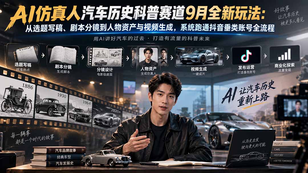 （20413期）AI仿真人汽车历史科普赛道9月全新玩法：从选题写稿、剧本分镜到人物资产与视频生成，系统跑通抖音垂类账号全流程-小二项目网