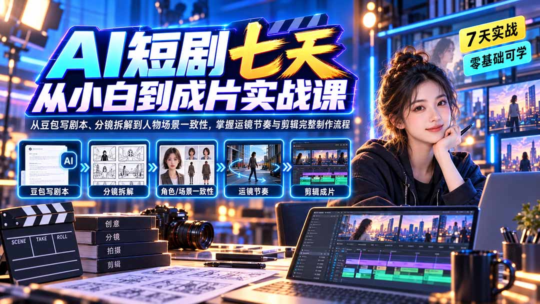 （20329期）AI短剧七天从小白到成片实战课：从豆包写剧本、分镜拆解到人物场景一致性，掌握运镜节奏与剪辑完整制作流程-小二项目网