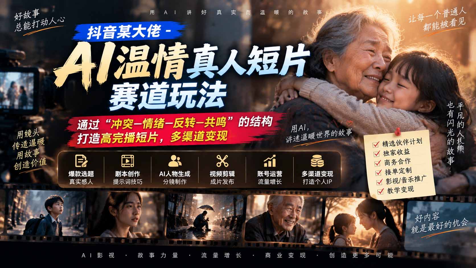 （20538期）抖音某大佬-AI温情真人短片赛道玩法：通过“冲突—情绪—反转—共鸣”的结构打造高完播短片，多渠道变现-小二项目网