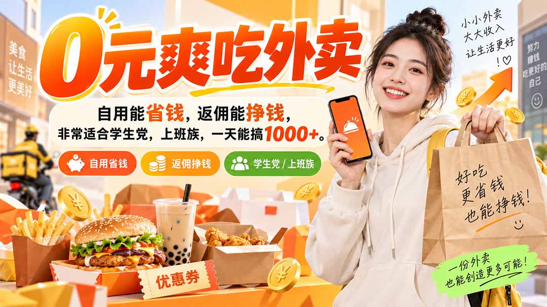 （20309期）0元爽吃外卖，自用能省钱，返佣能挣钱，非常适合学生党，上班族，一天能搞1000+-小二项目网