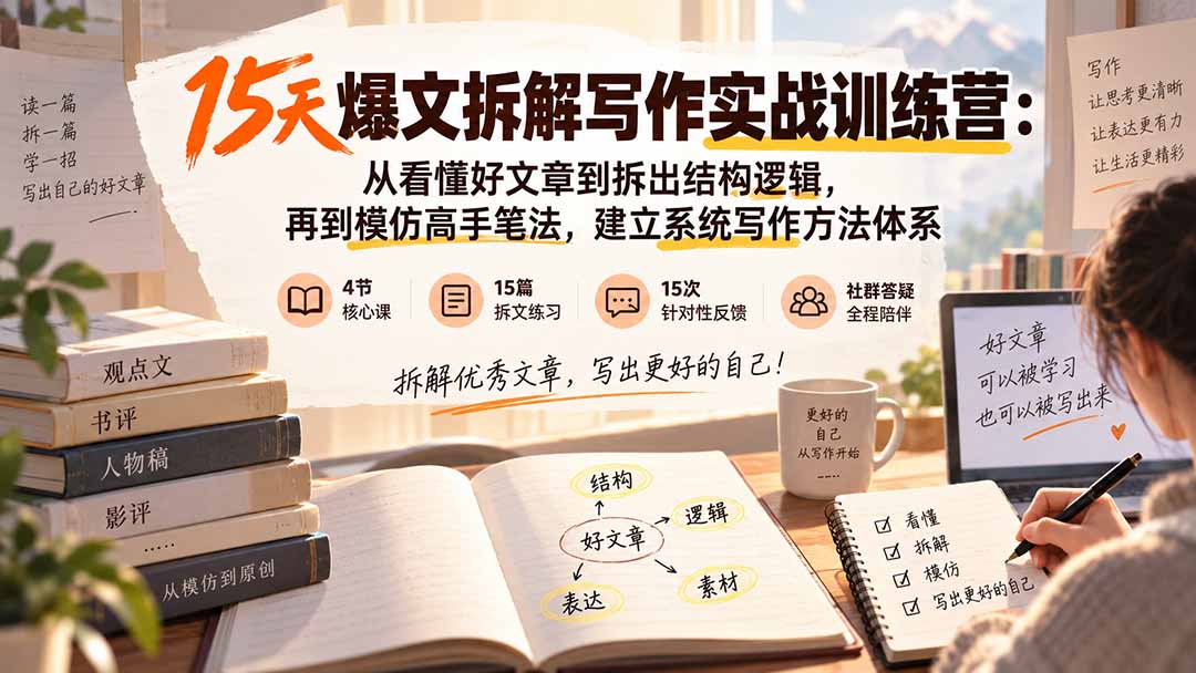 （20271期）15天爆文拆解写作实战训练营：从看懂好文章到拆出结构逻辑，再到模仿高手笔法，建立系统写作方法体系-小二项目网