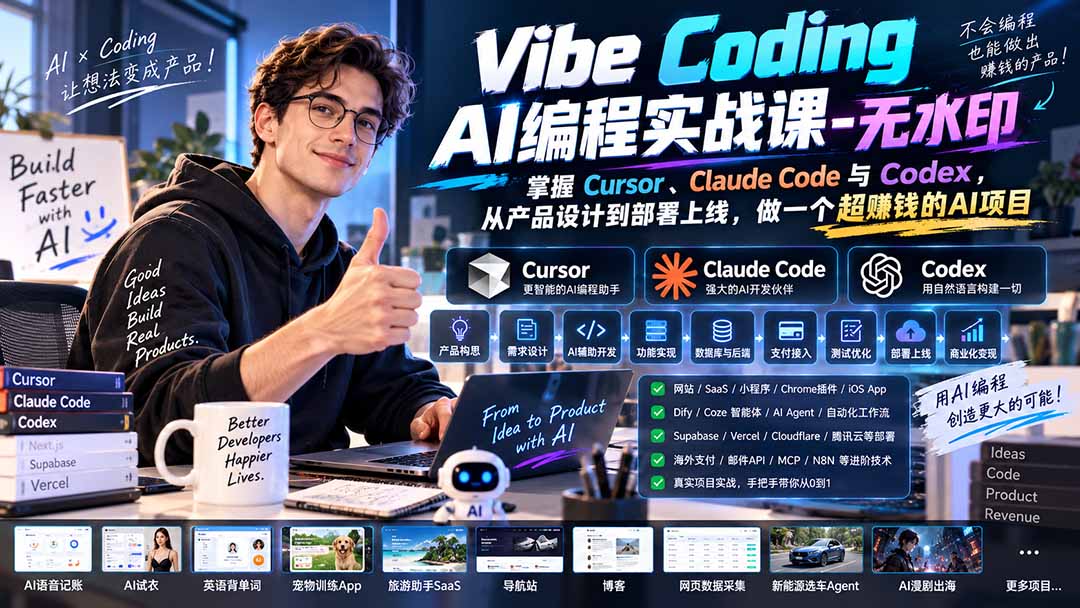 （20431期）Vibe Coding AI编程实战课-无水印：掌握Cursor、Claude Code与Codex，从产品设计到部署上线，做一个超赚钱的AI项目-小二项目网