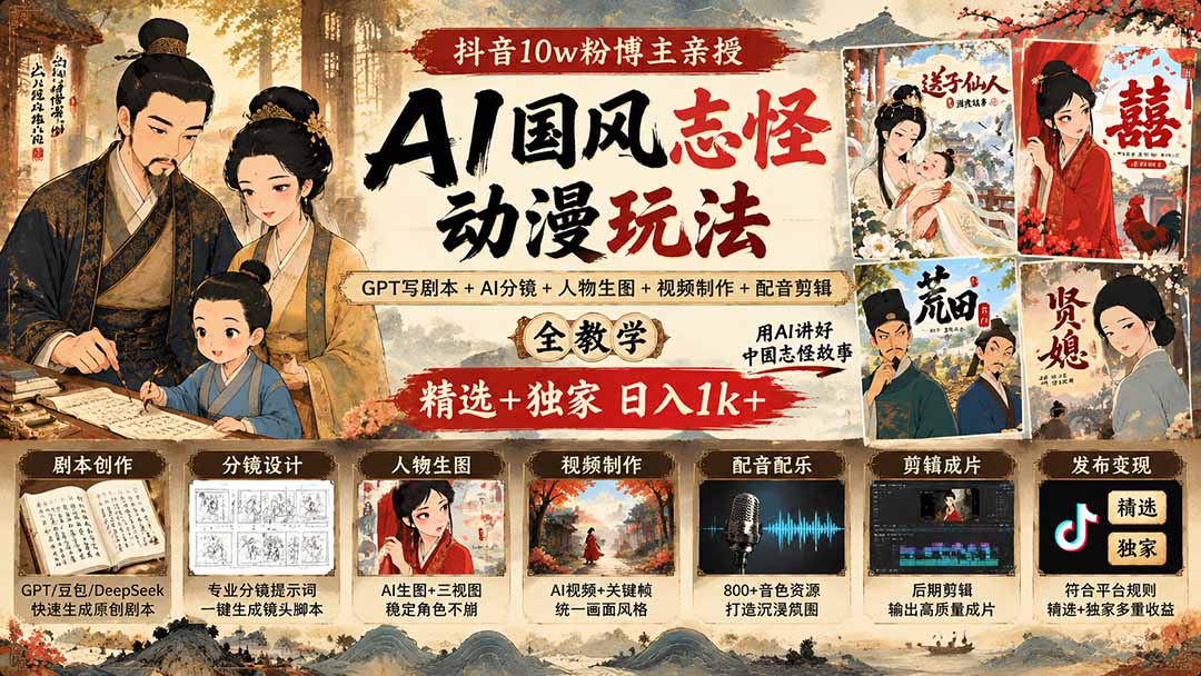 （20538期）抖音10w粉博主亲授AI国风志怪动漫玩法｜GPT写剧本+AI分镜+人物生图+视频制作+配音剪辑全教学｜精选+独家日入1k+-小二项目网