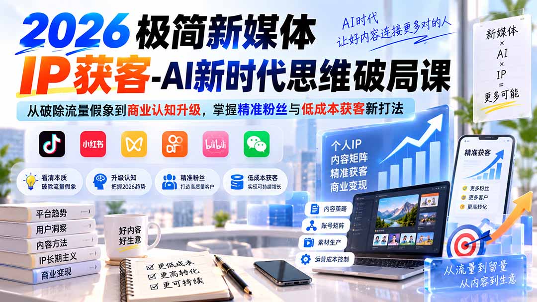 （20272期）2026极简新媒体IP获客-AI新时代思维破局课：从破除流量假象到商业认知升级，掌握精准粉丝与低成本获客新打法-小二项目网