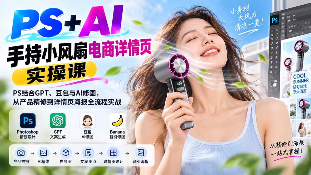 （20273期）PS+AI手持小风扇电商详情页实操课：PS结合GPT、豆包与AI修图，从产品精修到详情页海报全流程实战-小二项目网