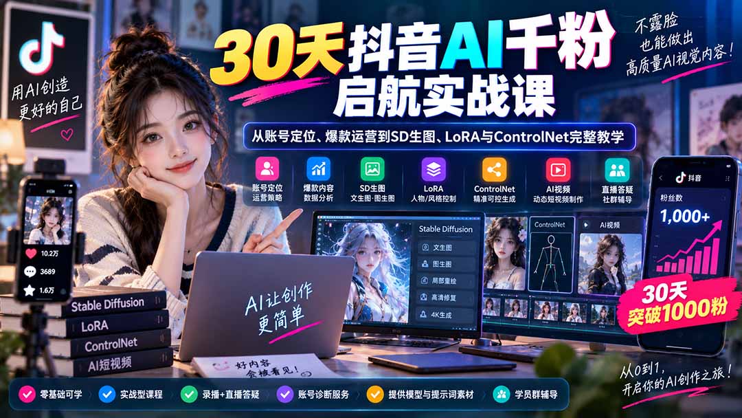 （20291期）30天抖音AI千粉启航实战课：从账号定位、爆款运营到SD生图、LoRA与ControlNet完整教学-小二项目网