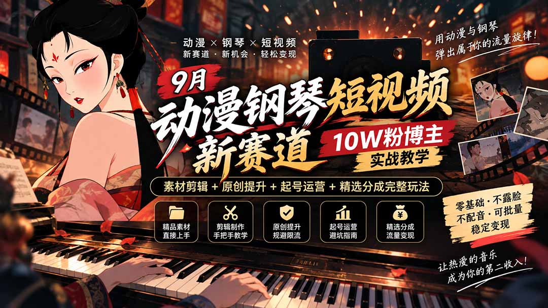 （20506期）9月动漫钢琴短视频新赛道｜10W粉博主实战教学，素材剪辑+原创提升+起号运营+精选分成完整玩法-小二项目网