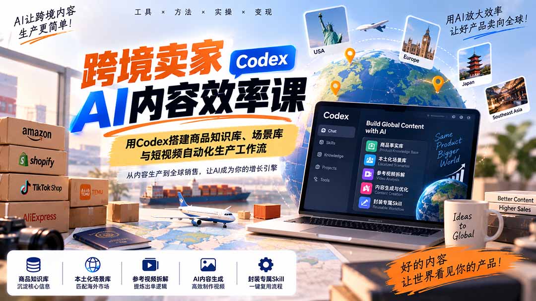 （20595期）跨境卖家AI内容效率课：用Codex搭建商品知识库、场景库与短视频自动化生产工作流-小二项目网