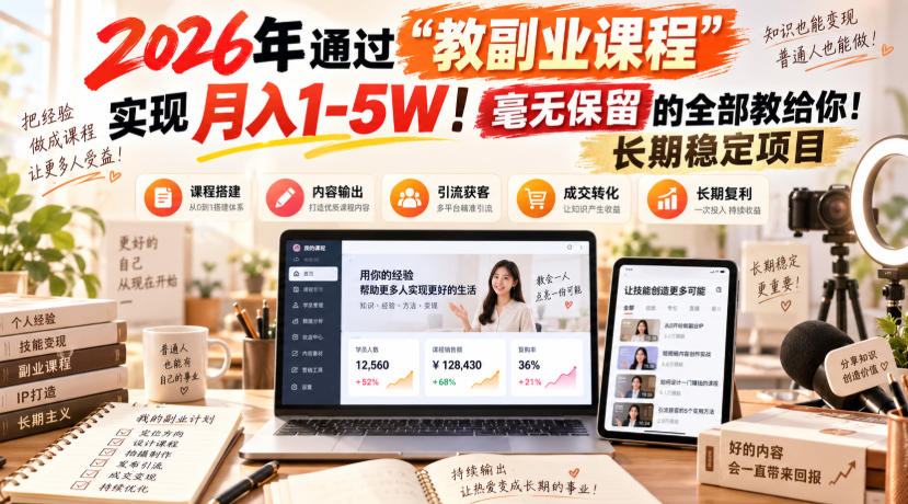 （20468期）2026年通过“教副业课程”实现月入1-5W！毫无保留的全部教给你！长期稳定项目-小二项目网