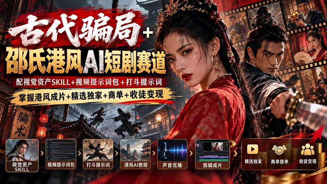 （20684期）古代骗局+邵氏港风AI短剧赛道：配视觉资产SKILL+视频提示词包+打斗提示词，掌握港风成片+精选独家+商单+收徒变现-小二项目网