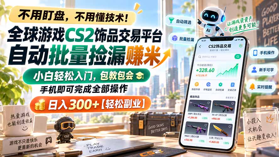 （20454期）全球游戏CS2饰品交易平台自动批量捡漏赚米，小白轻松入门，包教包会，手机即可完成全部操作，日入300+【轻松副业】-小二项目网