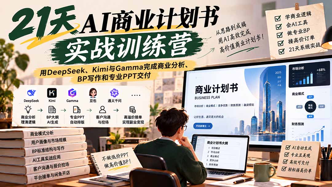 （20637期）【无水印】21天AI商业计划书实战训练营：用DeepSeek、Kimi与Gamma完成商业分析、BP写作和专业PPT交付-小二项目网