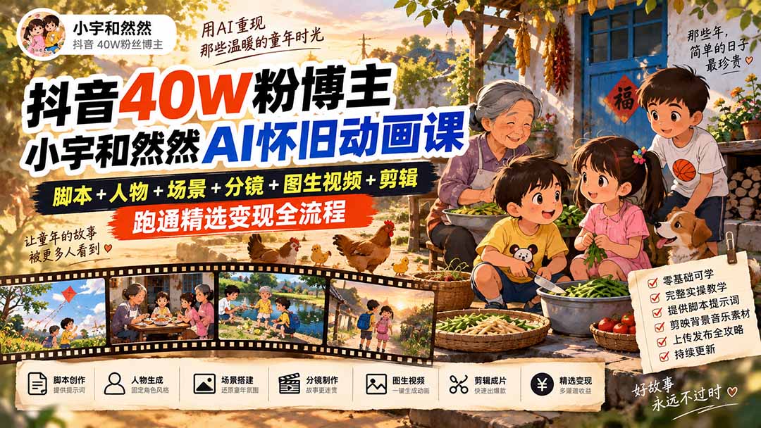 （20549期）抖音40W粉博主小宇和然然AI怀旧动画课｜脚本+人物+场景+分镜+图生视频+剪辑，跑通精选变现全流程-小二项目网