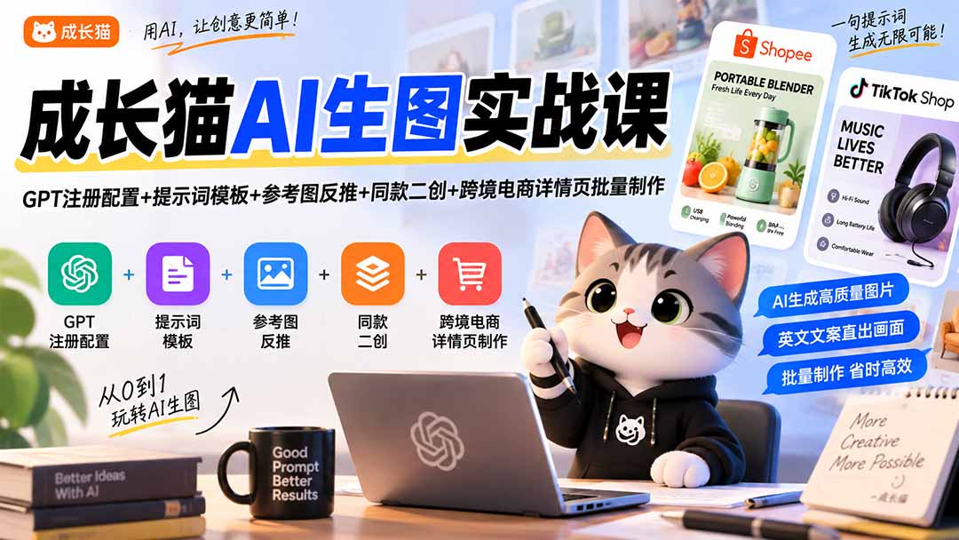 （20482期）成长猫AI生图实战课｜GPT注册配置+提示词模板+参考图反推+同款二创+跨境电商详情页批量制作-小二项目网