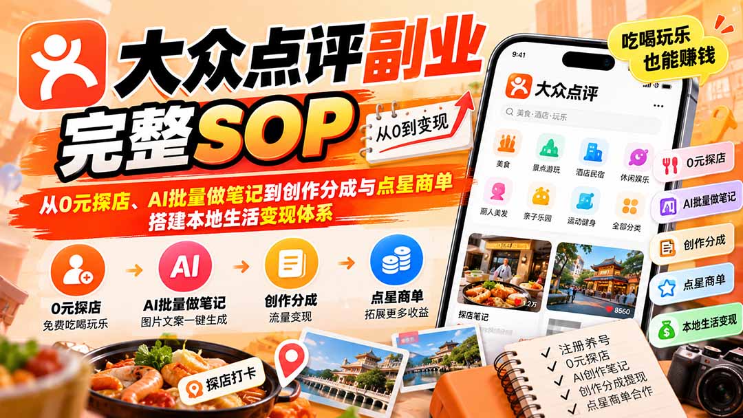 （20638期）【无水印】大众点评副业完整SOP：从0元探店、AI批量做笔记到创作分成与点星商单，搭建本地生活变现体系-小二项目网