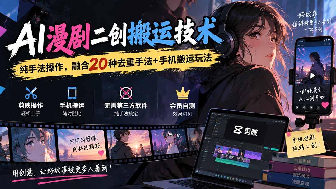 (20551期)AI漫剧二创搬运技术,纯手法操作,融合20种去重手法++手机搬运玩法-小二项目网