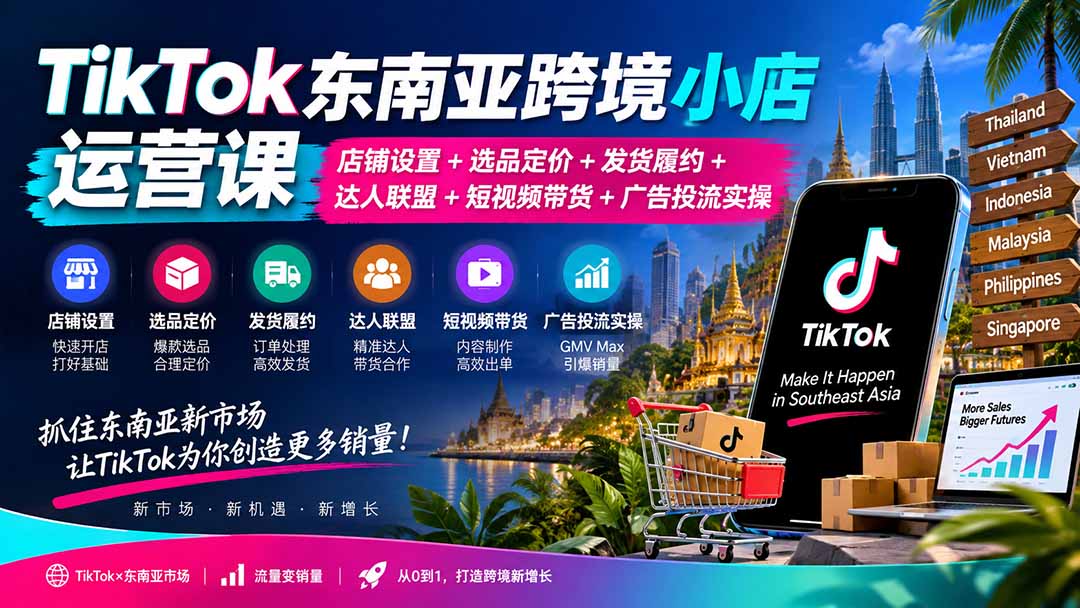 （20483期）TikTok东南亚跨境小店运营课：店铺设置+选品定价+发货履约+达人联盟+短视频带货+广告投流实操-小二项目网