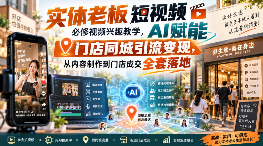 实体老板短视频必修视频兴趣教学，AI赋能门店同城引流变现，AI+短视频+直播打爆实体客流量-小二项目网