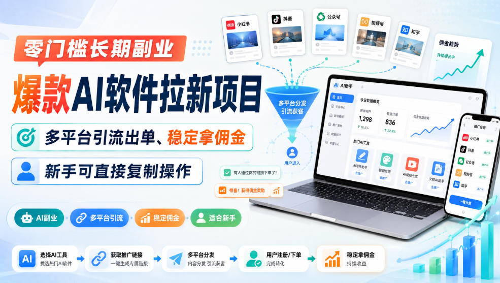 零门槛长期副业，爆款AI软件拉新项目，多平台引流出单、稳定拿佣金，新手可直接复制操作-小二项目网