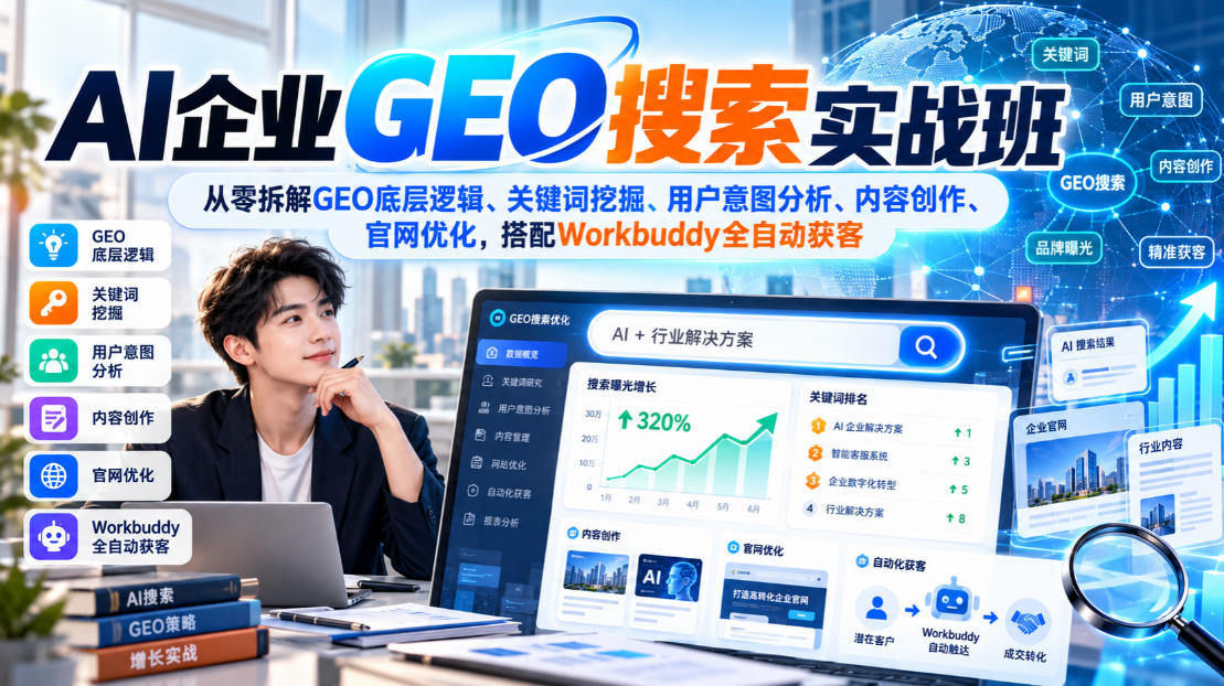 AI企业GEO搜索实战班，从零拆解GEO底层逻辑、关键词挖掘、用户意图分析、内容创作、官网优化，搭配Workbuddy全自动获客-小二项目网