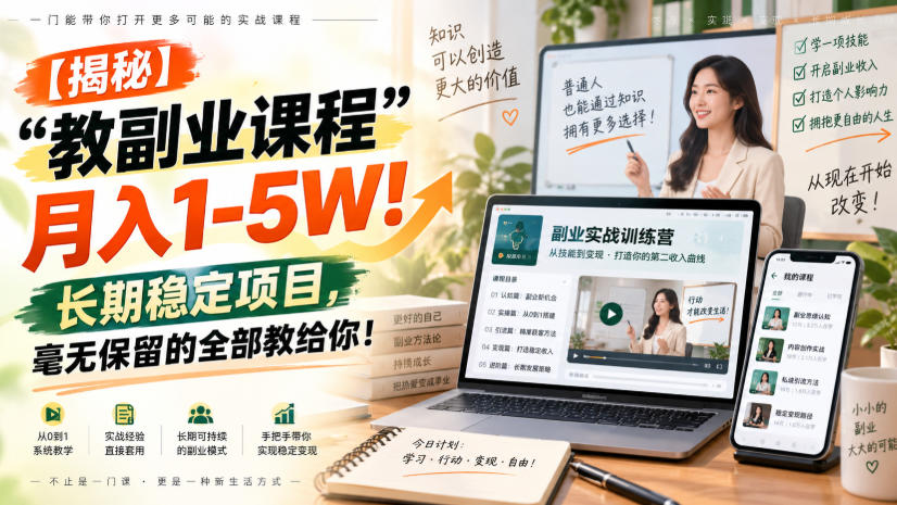 【揭秘】“教副业课程”月入1-5W！长期稳定项目，毫无保留的全部教给你！-小二项目网