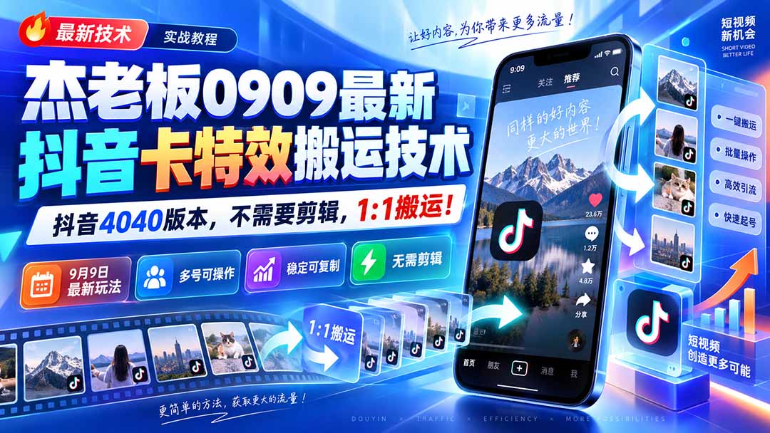(20369期)杰老板0909最新抖音卡特效搬运技术,抖音4040版本,不需要剪辑,1:1搬运!-小二项目网