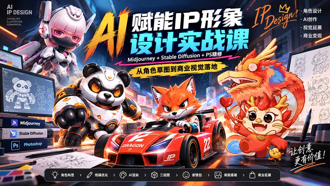 （20552期）AI赋能IP形象设计实战课-无水印：Midjourney+Stable Diffusion+PS精修，从角色草图到商业视觉落地-小二项目网