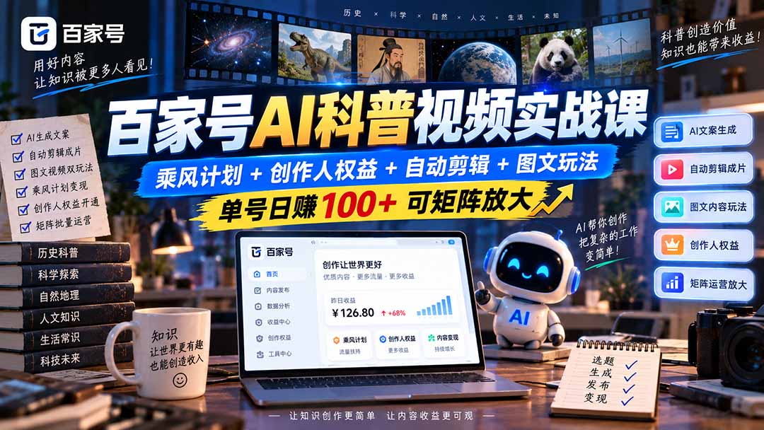 （20579期）百家号AI科普视频实战课：乘风计划+创作人权益+自动剪辑+图文玩法，单号日赚100+可矩阵放大-小二项目网