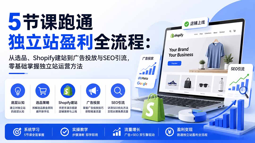 （20316期）5节课跑通独立站盈利全流程：从选品、Shopify建站到广告投放与SEO引流，零基础掌握独立站运营方法-小二项目网