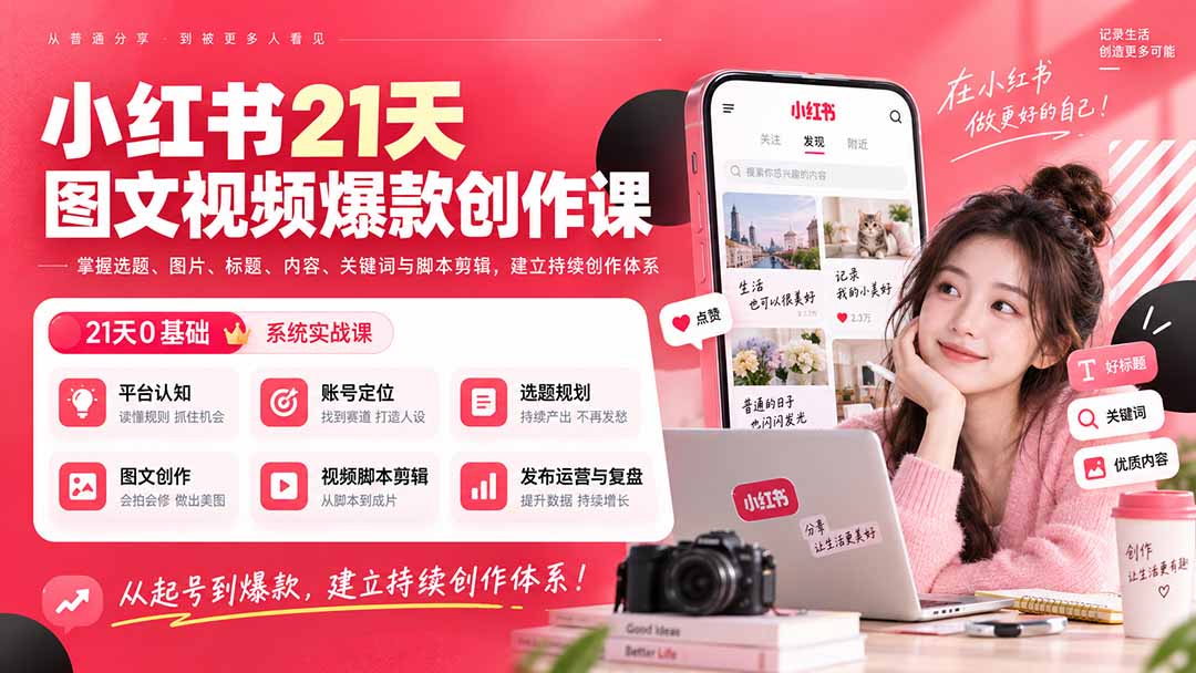 （20341期）小红书21天图文视频爆款创作课：掌握选题、图片、标题、内容、关键词与脚本剪辑，建立持续创作体系-小二项目网