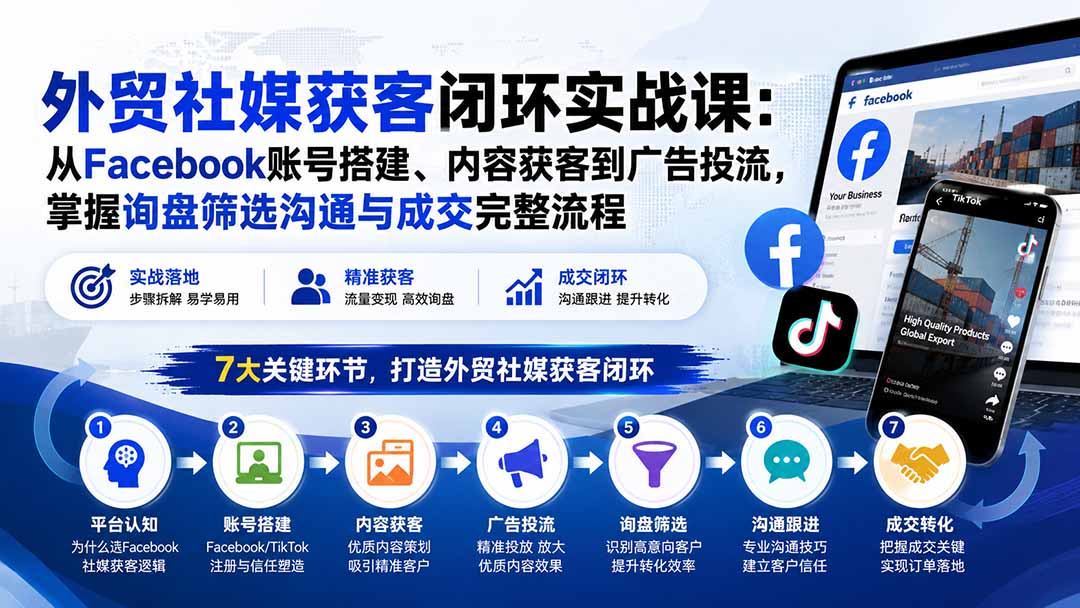（20318期）外贸社媒获客闭环实战课：从Facebook账号搭建、内容获客到广告投流，掌握询盘筛选沟通与成交完整流程-小二项目网