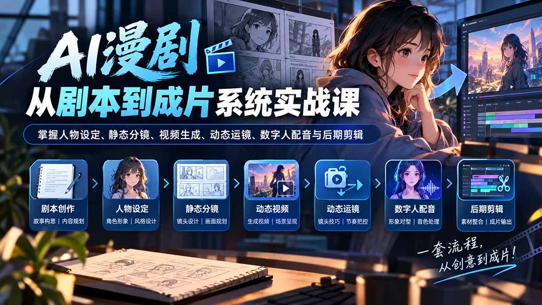 （20375期）AI漫剧从剧本到成片系统实战课：掌握人物设定、静态分镜、视频生成、动态运镜、数字人配音与后期剪辑-小二项目网