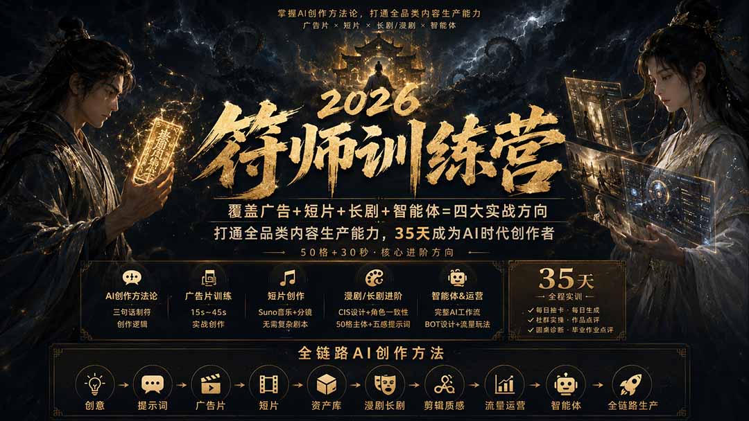 （20180期）符师训练营-35天成为AI时代创作者，广告+短片+漫剧+智能体四大实战方向，掌握从创意到上线的完整工作流-小二项目网