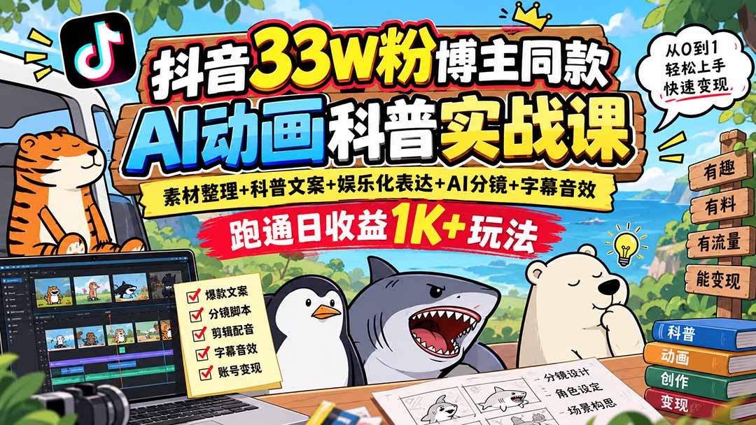 （20510期）抖音33W粉博主同款AI动画科普实战课｜素材整理+科普文案+娱乐化表达+AI分镜+字幕音效，跑通日收益1K+玩法-小二项目网