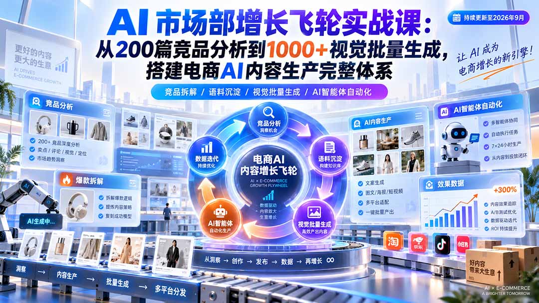 （20436期）AI 市场部增长飞轮实战课：从200篇竞品分析到1000+视觉批量生成，搭建电商AI内容生产完整体系-小二项目网