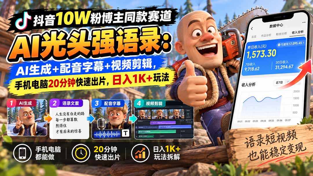 （20687期）【无水印】抖音10W粉博主同款赛道AI光头强语录：AI生成+配音字幕+视频剪辑，手机电脑20分钟快速出片，日入1K+玩法-小二项目网
