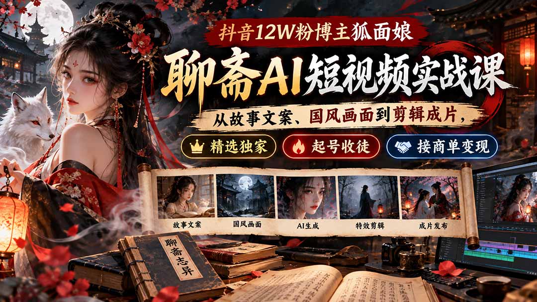 （20639期）抖音12W粉博主狐面娘-聊斋AI短视频实战课：从故事文案、国风画面到剪辑成片，精选独家+起号收徒+接商单变现-小二项目网