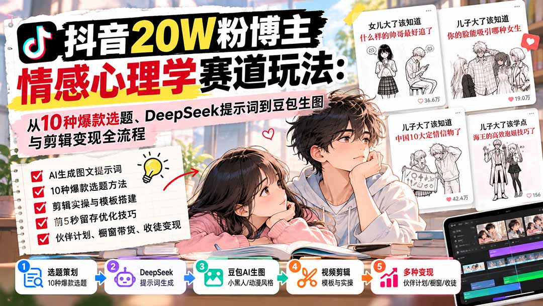 （20688期）抖音20W粉博主-情感心理学赛道玩法：从10种爆款选题、DeepSeek提示词到豆包生图与剪辑变现全流程-小二项目网